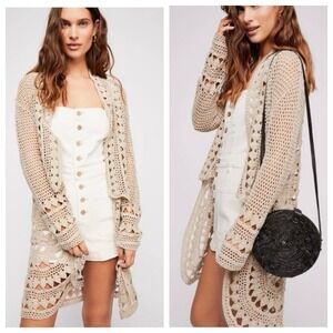 Free People Harmony Crochet Cardi Duster S Tan Silk Linen Cotton Cardigan Boho